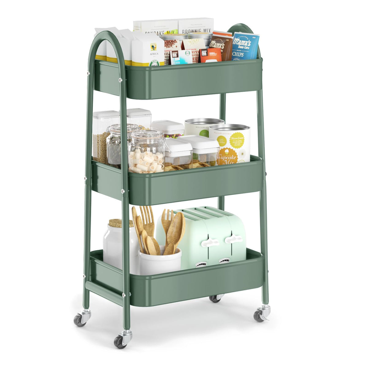 EAGMAK 3 Tier Rolling Cart, Large Metal Storage Cart with Handle and Lockable Wheels, Big Multifunctional Storage Organizer Trolley with Mesh Baskets for Kitchen, Living Room, Office, Garage (Beige)