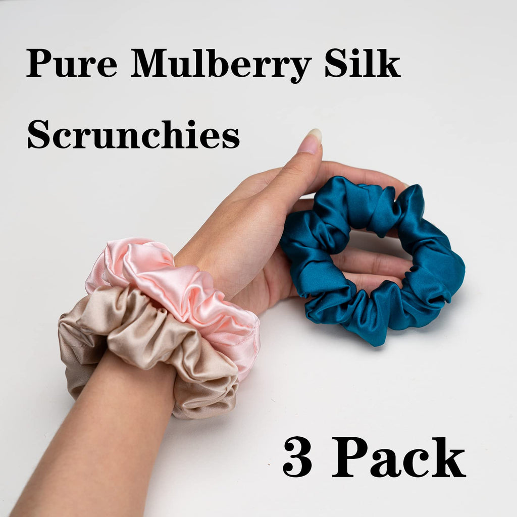 Silk Scrunchies for Hair 100% Mulberry Silk Hair Ties（Silver gray, Dark gray, Pink）
