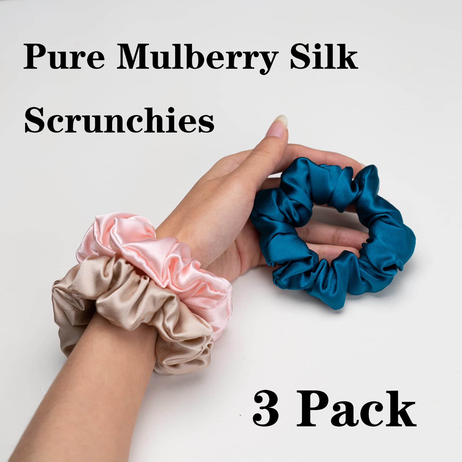 Silk Scrunchies for Hair 100% Mulberry Silk Hair Ties（Silver gray, Dark gray, Pink）