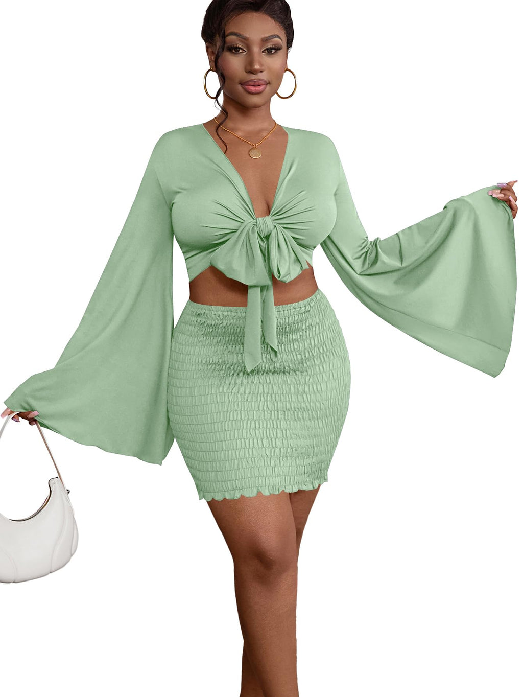 LYANER Women 2 Piece Vacation Outfits Tie Knot Front Bell Long Sleeve Crop Top and Mini Skirt Summer Set