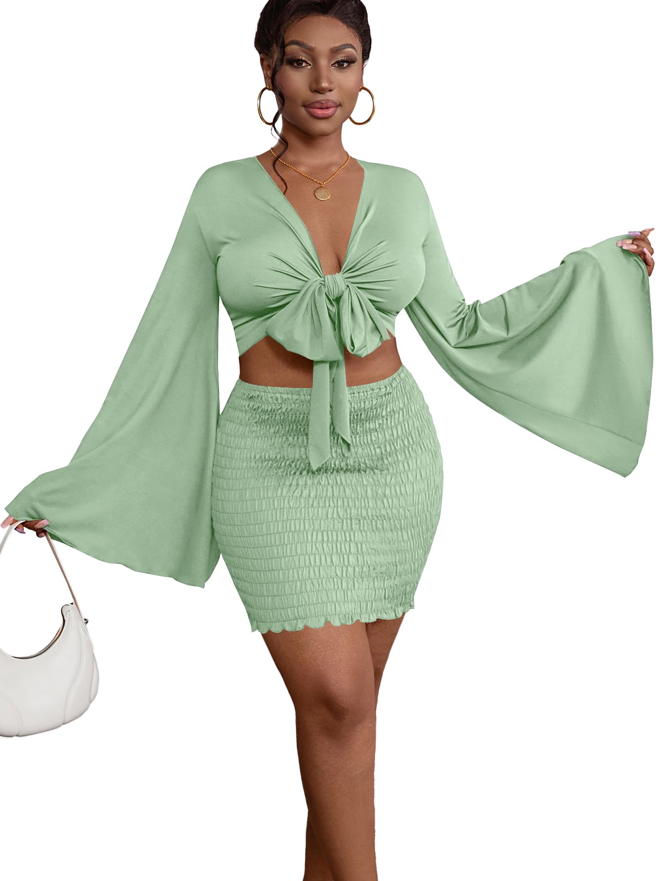 LYANER Women 2 Piece Vacation Outfits Tie Knot Front Bell Long Sleeve Crop Top and Mini Skirt Summer Set