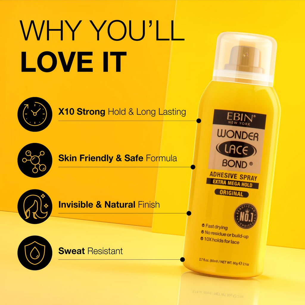 EBIN NEW YORK Wonder Lace Bond Adhesive Spray - Extreme Firm Hold 2.7oz/ 80ml| Active Use, Fast Drying, No Residue, No Build-up, All-day Powerful Hold, Easy Daily Wig Install
