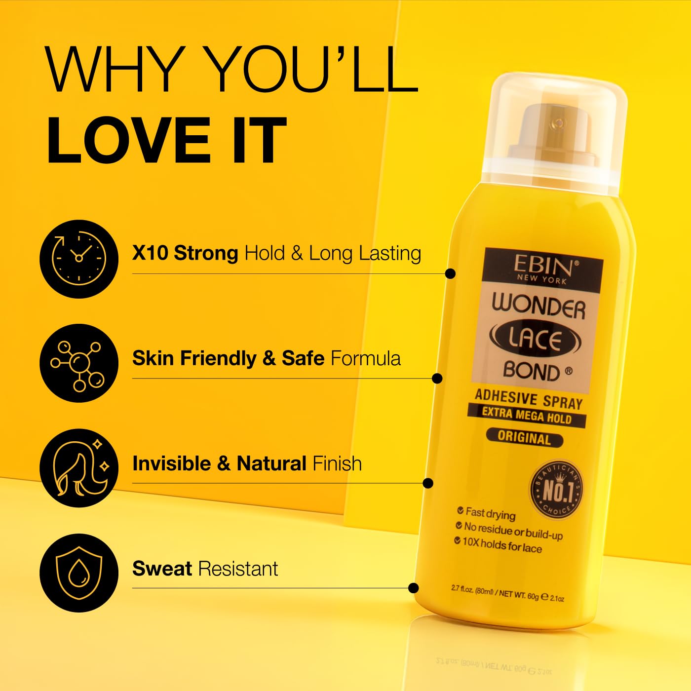 EBIN NEW YORK Wonder Lace Bond Adhesive Spray - Extreme Firm Hold 2.7oz/ 80ml| Active Use, Fast Drying, No Residue, No Build-up, All-day Powerful Hold, Easy Daily Wig Install