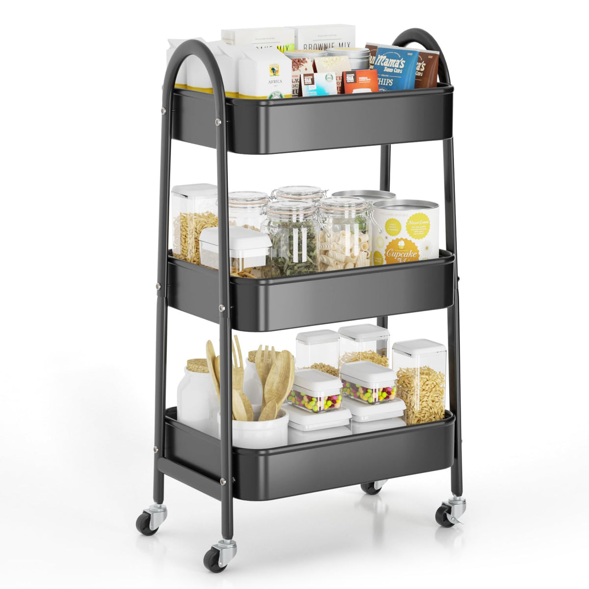 EAGMAK 3 Tier Rolling Cart, Large Metal Storage Cart with Handle and Lockable Wheels, Big Multifunctional Storage Organizer Trolley with Mesh Baskets for Kitchen, Living Room, Office, Garage (Beige)