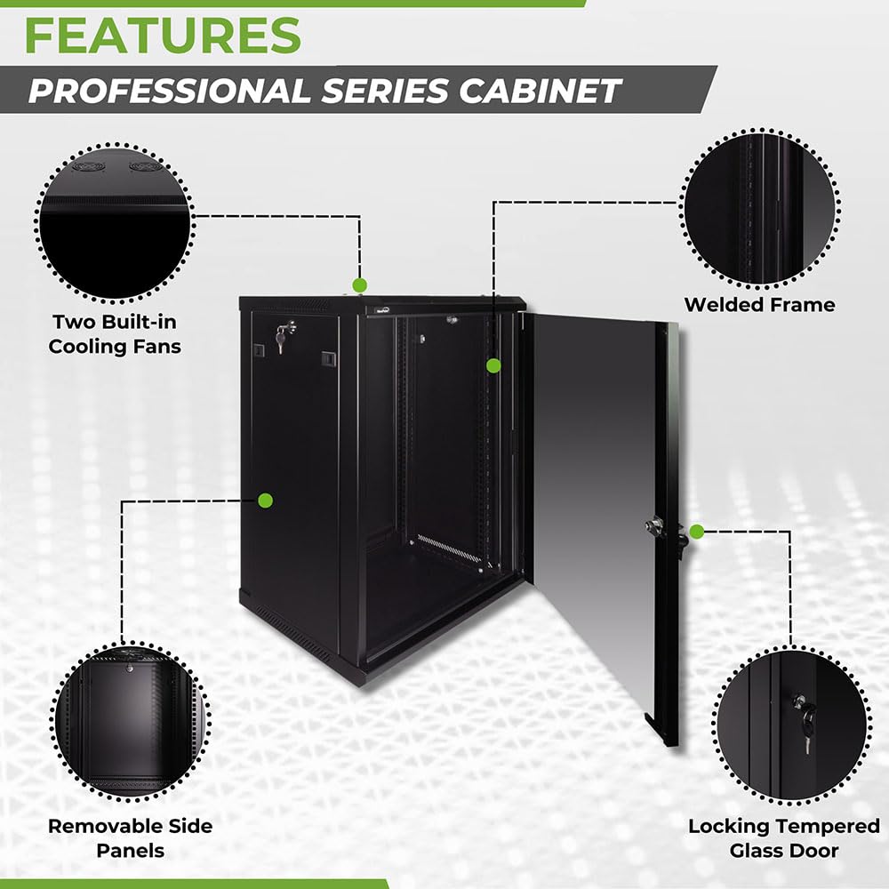 NavePoint 12U Server Rack Enclosure - 23.6” Deep, Wall Mount Network Cabinet with Locking Glass Door for 19” IT Equipment, Network Rack with 2 Fans, Removable Side Panels, Black