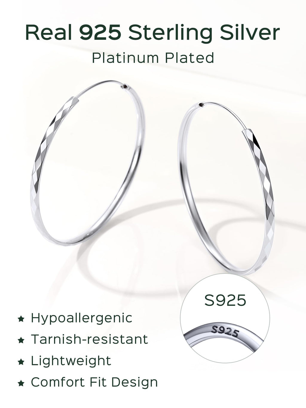 ChicSilver 925 Sterling Silver Hoop Earrings for Women Hypoallergenic, Lightweight Large Gold Plated Silver Hoop Earrings, Endless Hoops Earring 20/30/40/50/60/70MM