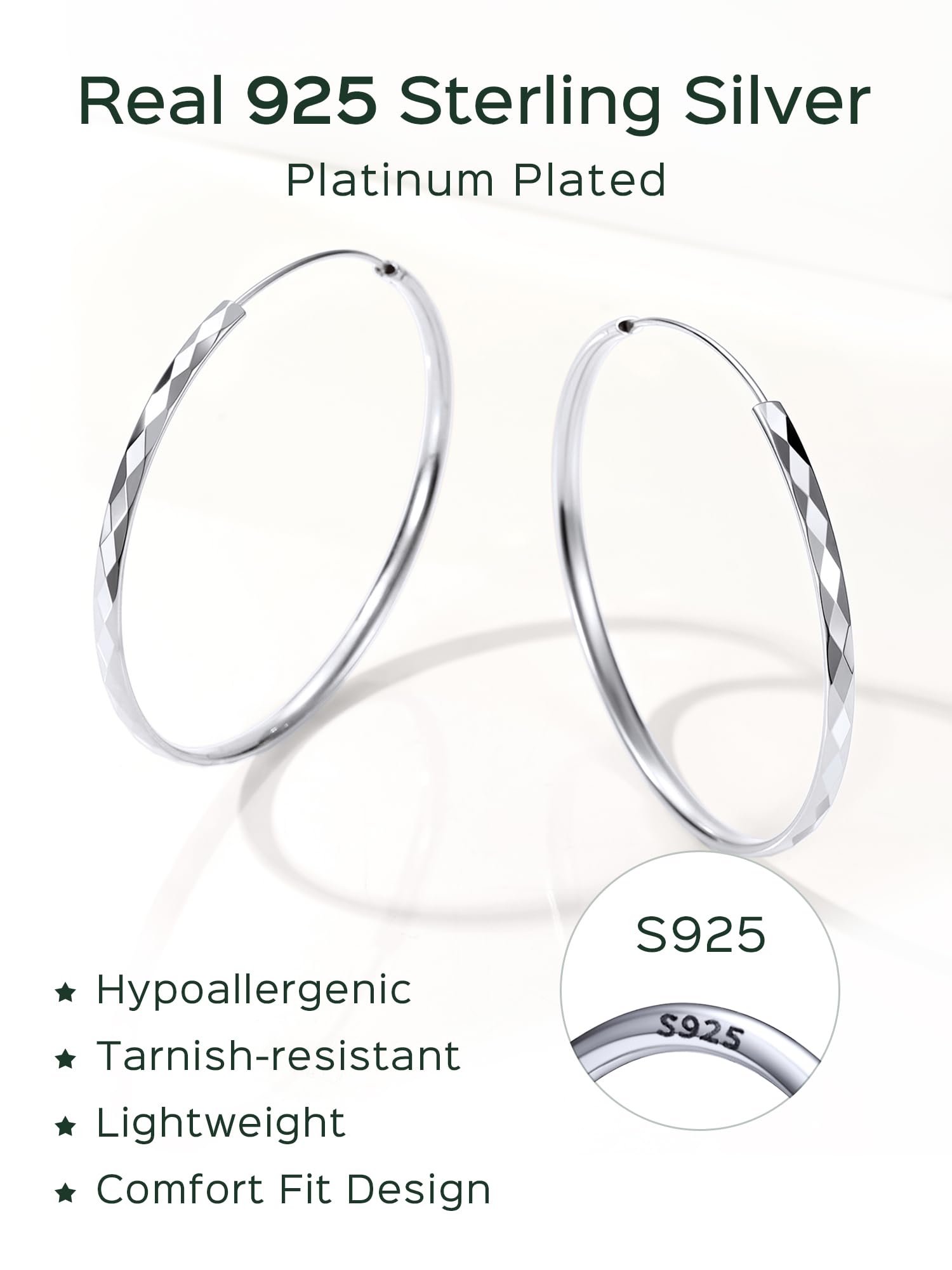 ChicSilver 925 Sterling Silver Hoop Earrings for Women Hypoallergenic, Lightweight Large Gold Plated Silver Hoop Earrings, Endless Hoops Earring 20/30/40/50/60/70MM