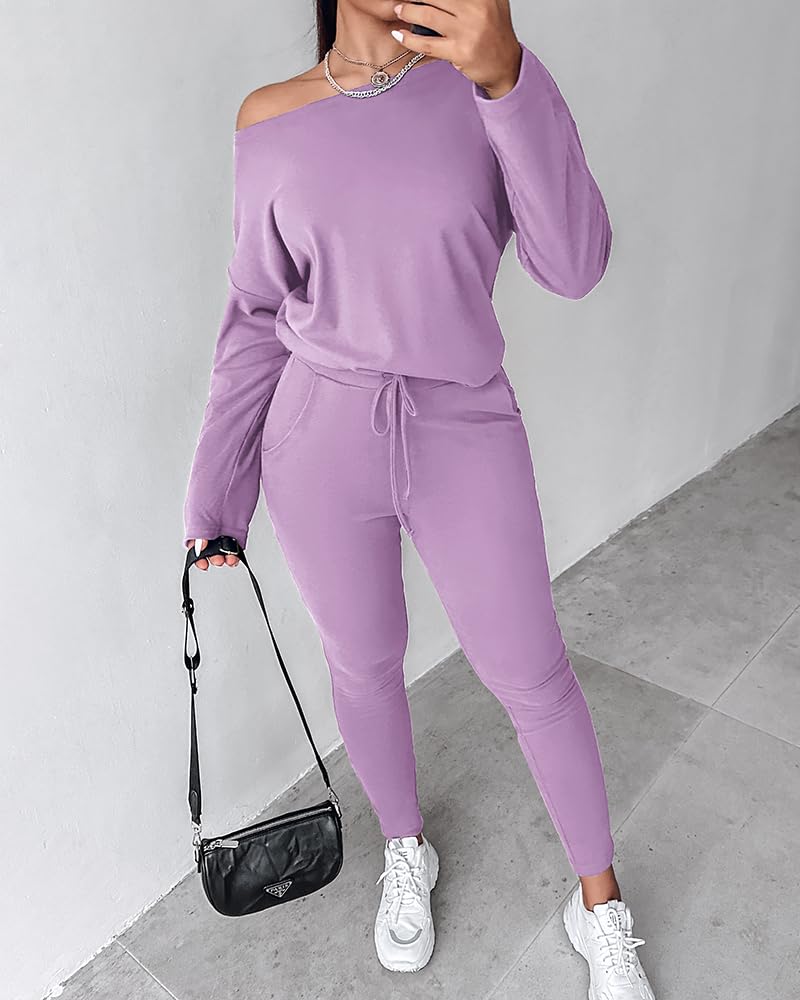 CHICME Women Tracksuit Fall 2 piece Outfits Off The Shoulder Long Sleeve Tops and Pants Set Travel Outfits