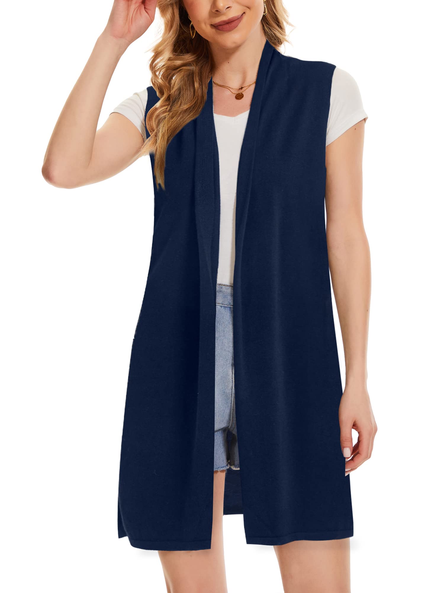 Moss Rose Women's Long Knit Cardigan Vest Casual Sleeveless Open Front Draped Duster Vest (Available in Plus Size)