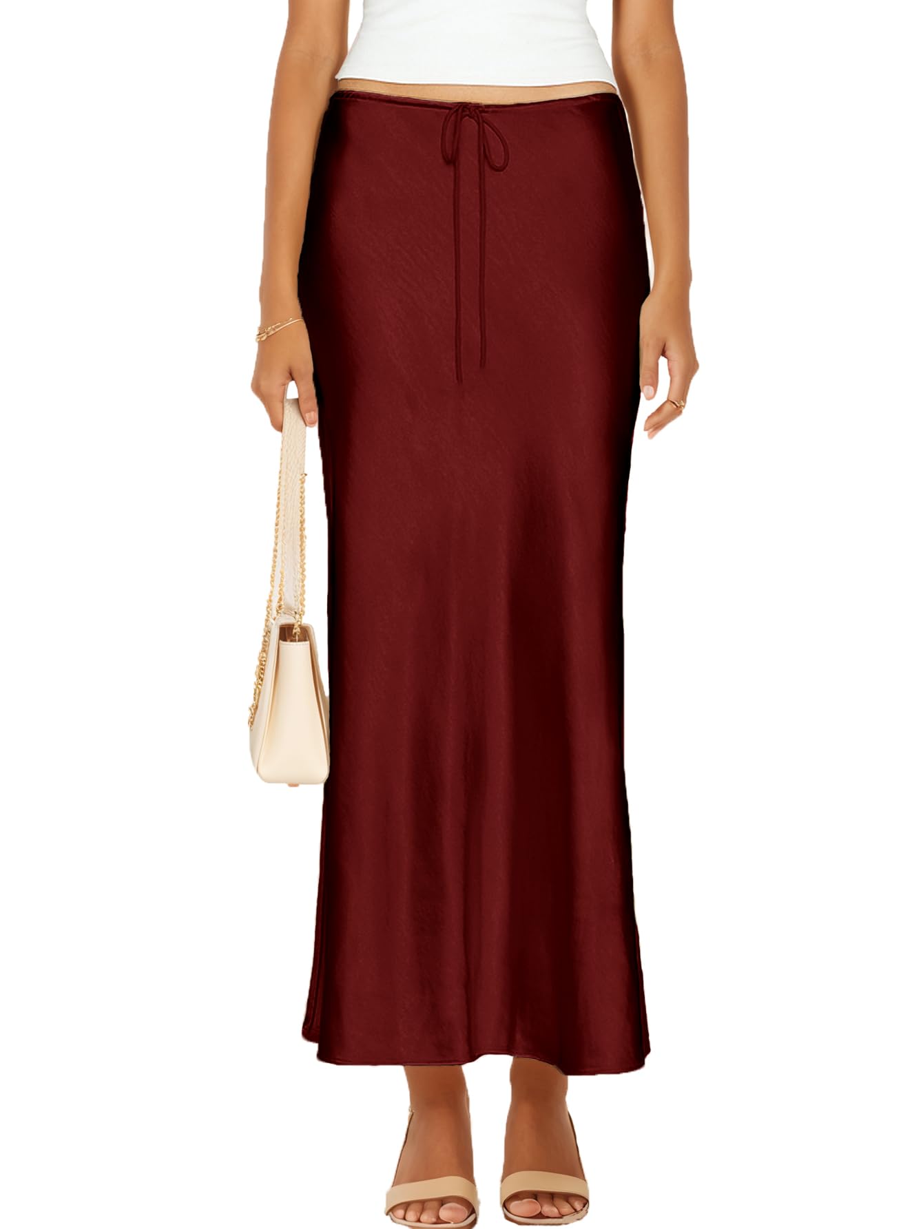 Womens Satin Silk Maxi Skirts Drawstring Flared Casual A-Line Long Skirt for Women