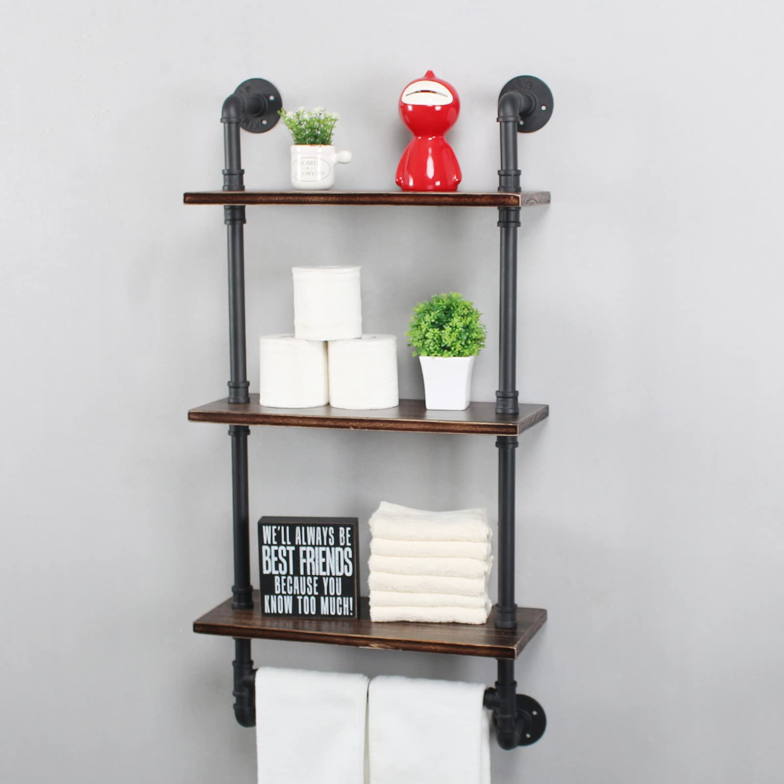 MBQQ Industrial Pipe Shelf Bathroom Shelves Wall Mounted,19.6in Rustic Wood Shelf with Towel Bar,1 Tier Farmhouse Towel Rack,Pipe Shelving Floating Shelves Towel Holder,Black & White