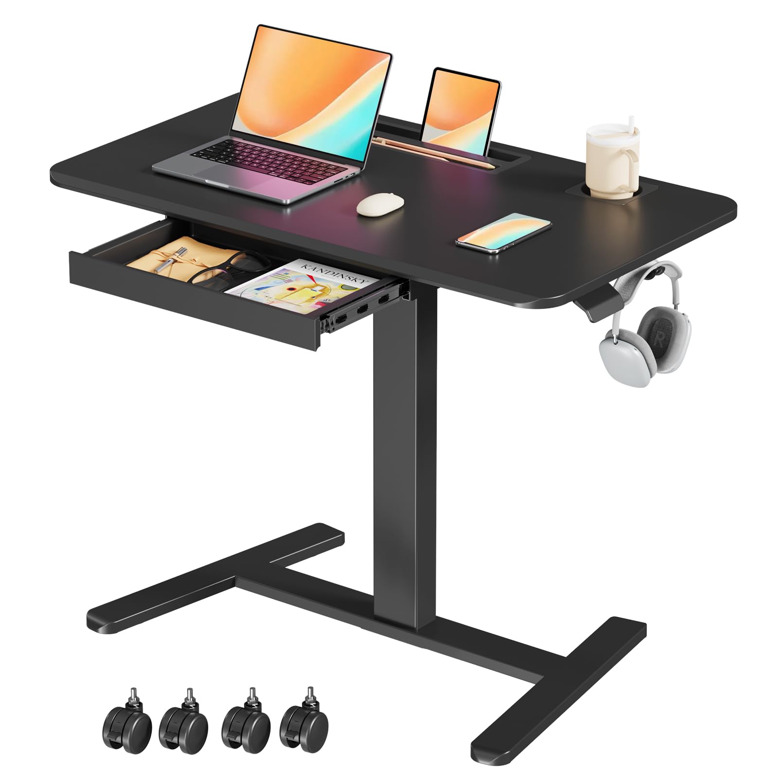 Small Mobile Standing Desk with Drawer, 23.6"x19.7" Rolling Laptop Cart on Wheels, Height Adjustable Sit Stand Computer Workstation with Storage for Compact Space, Black