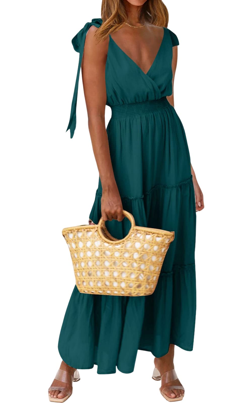 PRETTYGARDEN Women's Cross Neck Summer Sleeveless Tiered Maxi Dress Beach Tie Strap Smocked Long Dresses Pleated Sundress