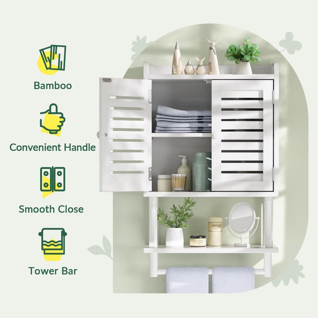 AmazerBath Bathroom Wall Cabinets, Bamboo Medicine Cabinet with Rattan Door, Over The Toilet Storage Cabinet with Towel Bar, Wall Mounted Cabinet with Adjustable Shelves for Small Spaces