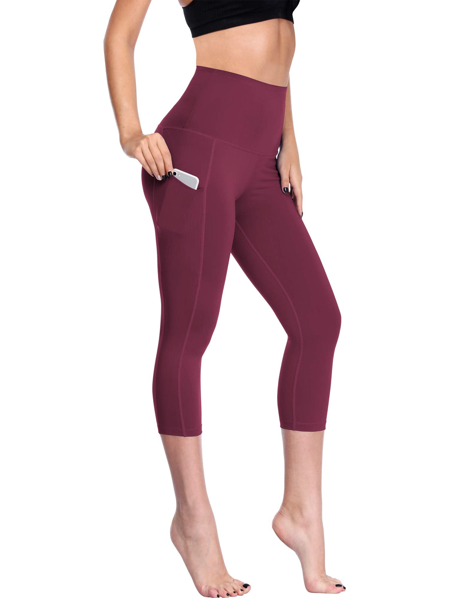 CADMUS Womens High Waist Workout Legging Capris for Yoga w Side Pockets