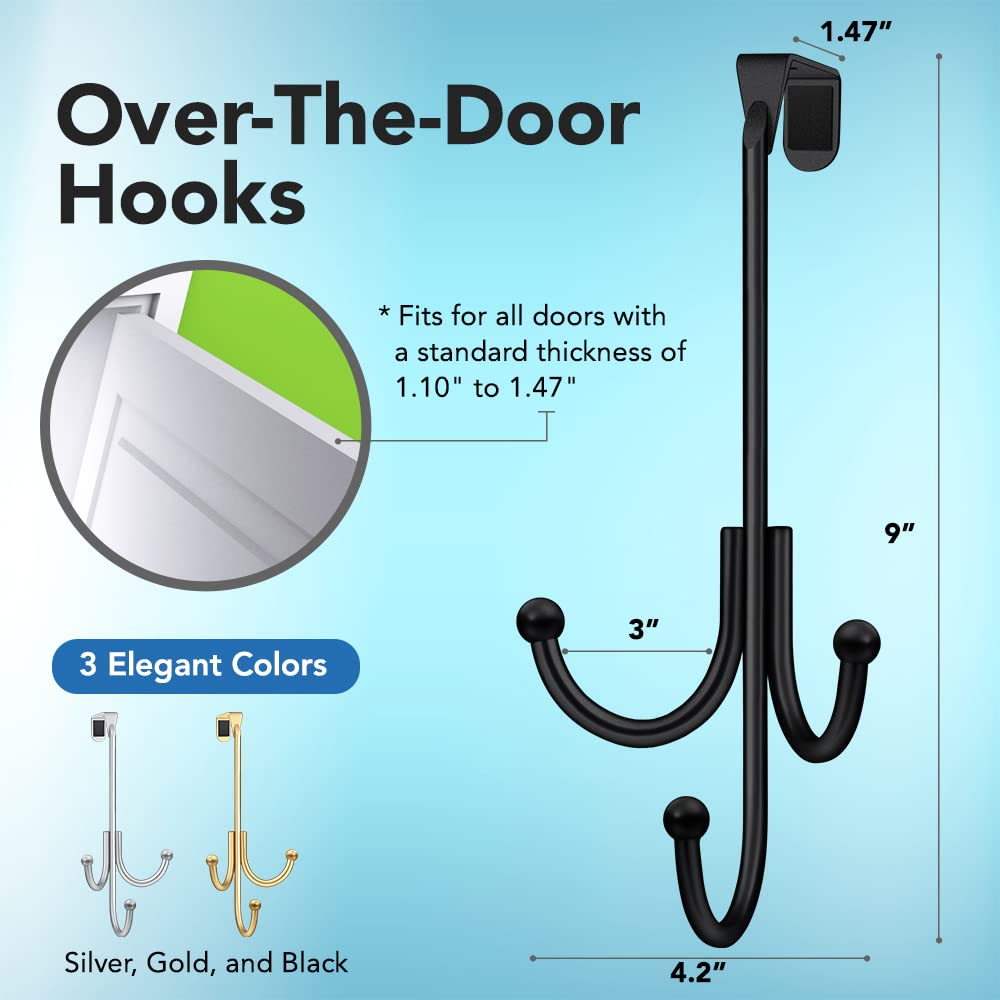 2-Pack Over The Door Hooks - with 2 Hang Heads & Snug Fit Pads Heavy Duty Hook for Hanging Coats, Towels, Caps & Robes - Elegant Matt Finish - No Drill Hanger Organizer - Black