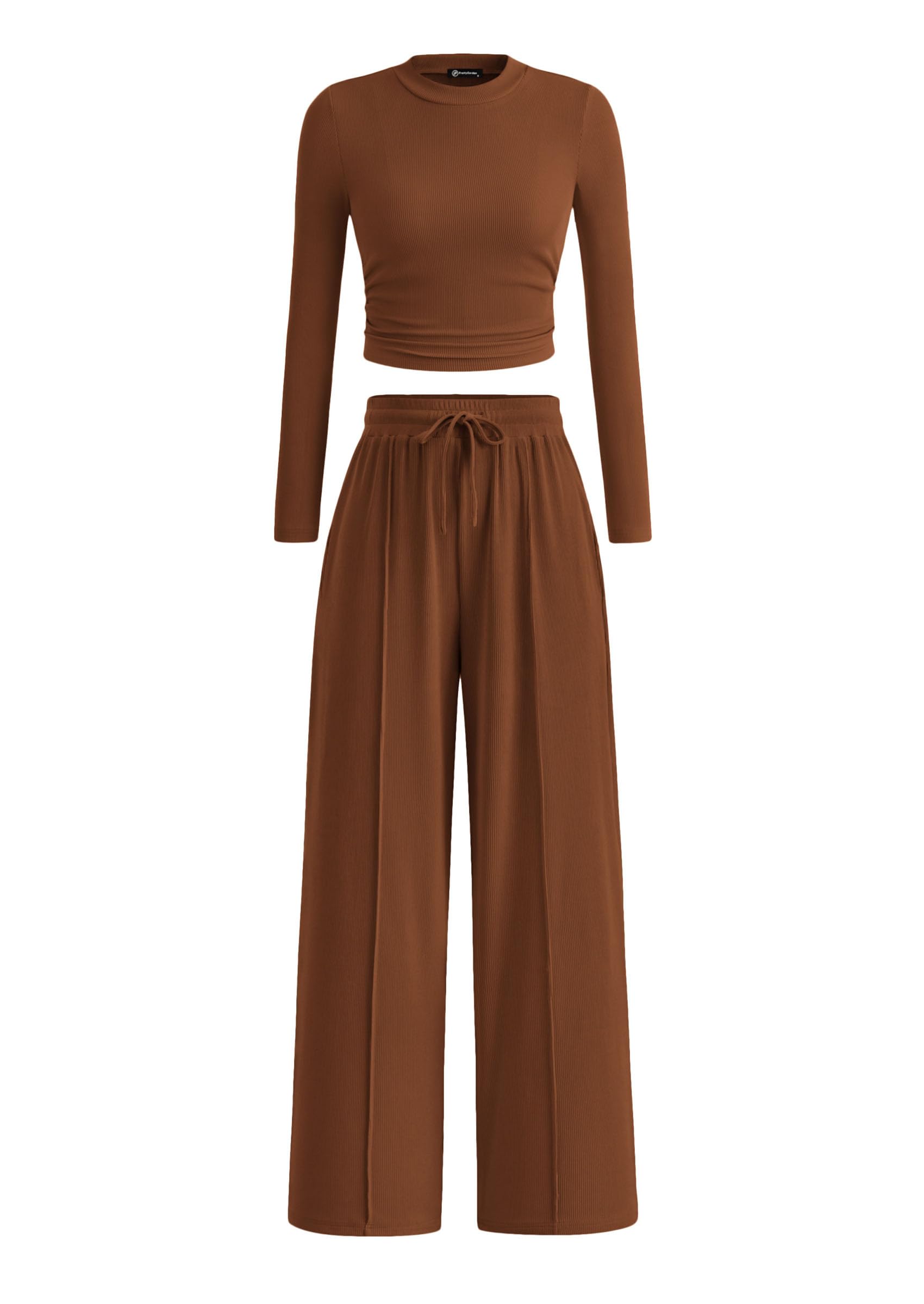 PRETTYGARDEN Women's 2 Piece Sets 2026 Fall Long Sleeve Crop Tops Wide Leg Pants Matching Outfit Tracksuits Spring Clothes