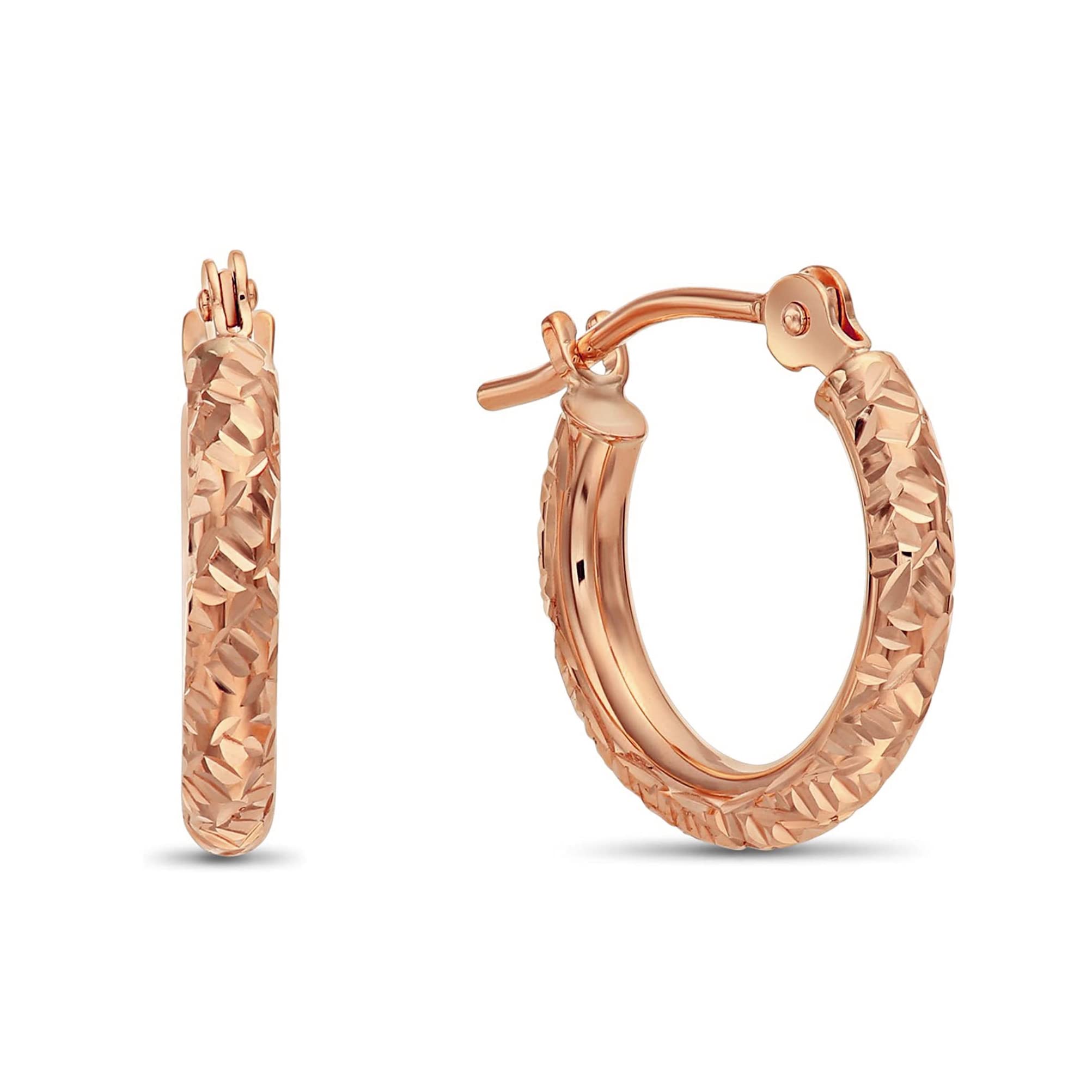 14k Gold Hand Engraved Diamond-cut Round Hoop Earrings, (0.5 inch Diameter)