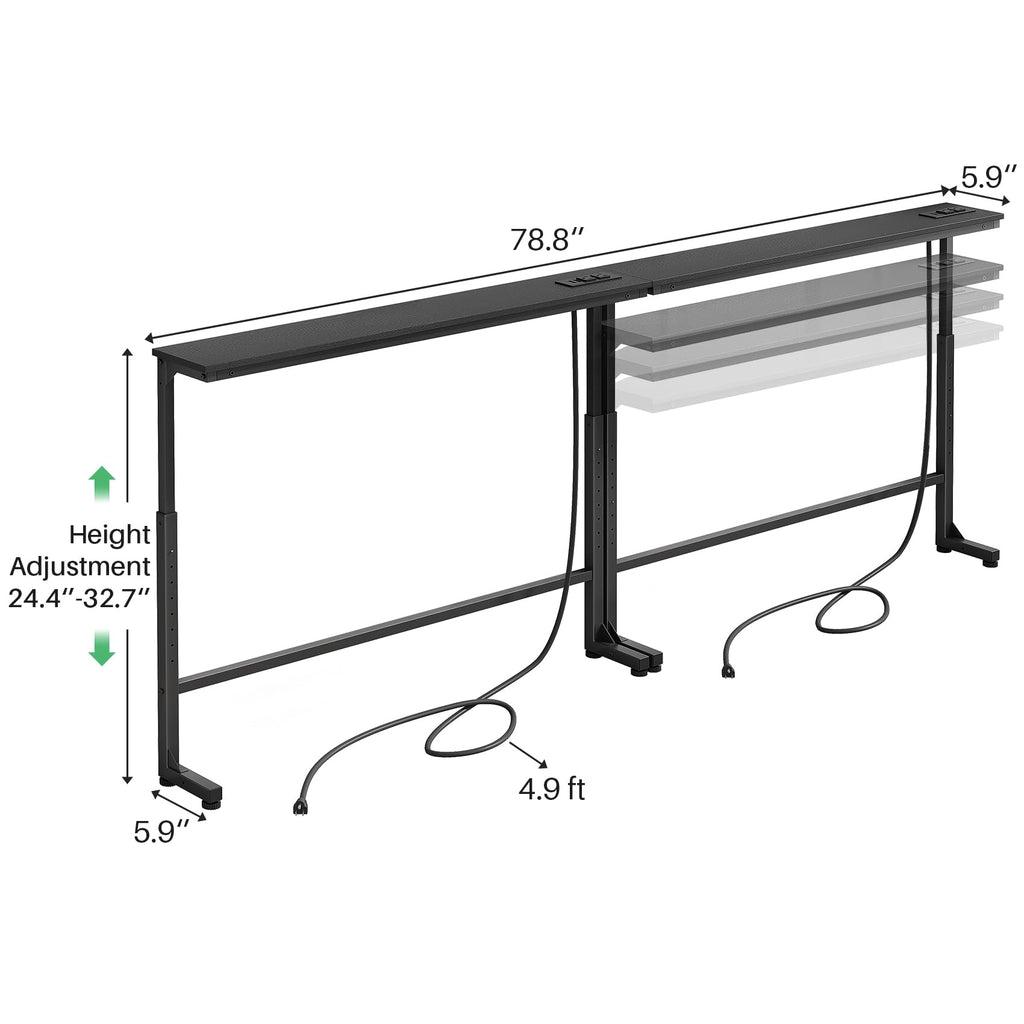 Kitstorack Narrow Sofa Table with Charging Station, 78.8" Behind Couch Table, Adjustable 24.4"-32.7" Height, Modular 2-piece Design for sectionals, entryways, Apartments, and Narrow Living Spaces