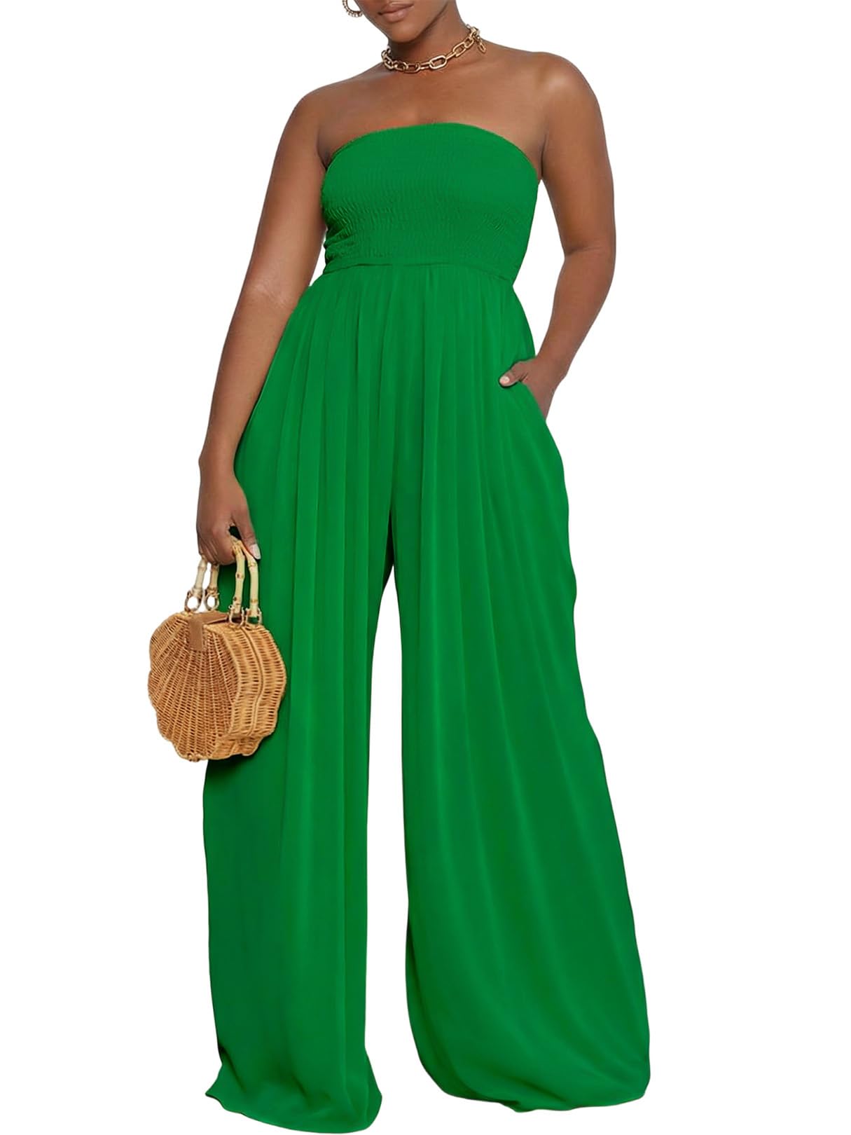 Ophestin Women's Strapless Tube Wide Leg Jumpsuits Smocked Women Jumpsuits Dressy Casual Flowy One Piece Jumpsuits Rompers