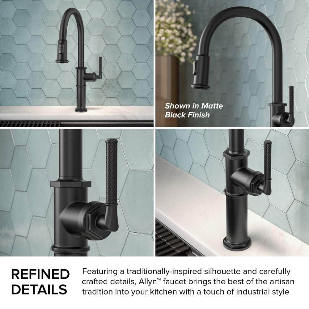 KRAUS Allyn Transitional Bridge Kitchen Faucet with Pull-Down Sprayhead in Brushed Gold, KPF-3121BG