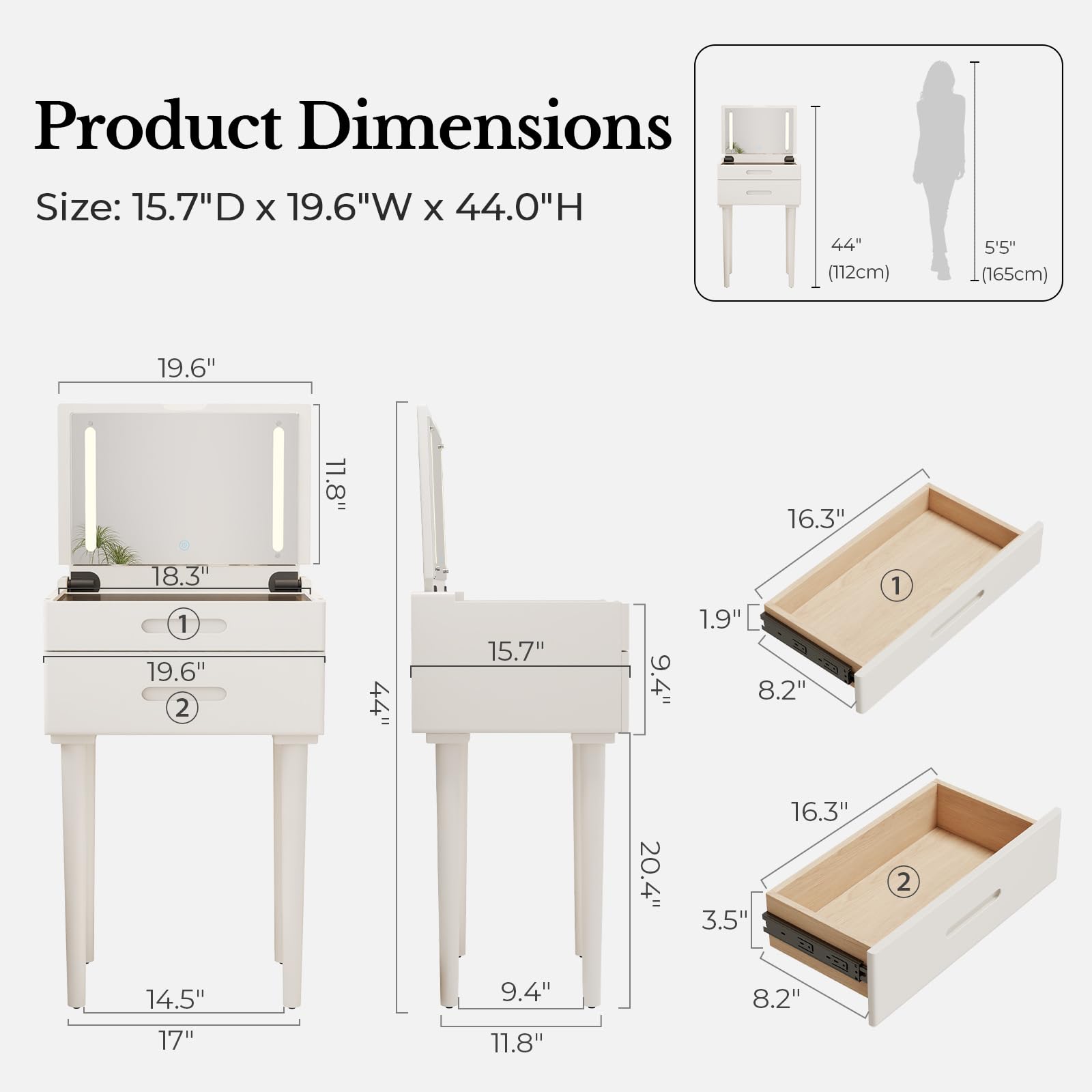 Muwuele Solid Wood Small Vanity Desk with Mirror and Lights, Narrow Makeup Vanity for Small Space, Flip Top Vanity Side Table, 3 Color Modes & Adjustable Brightness, 19.6" Slim Dressing Table, Black