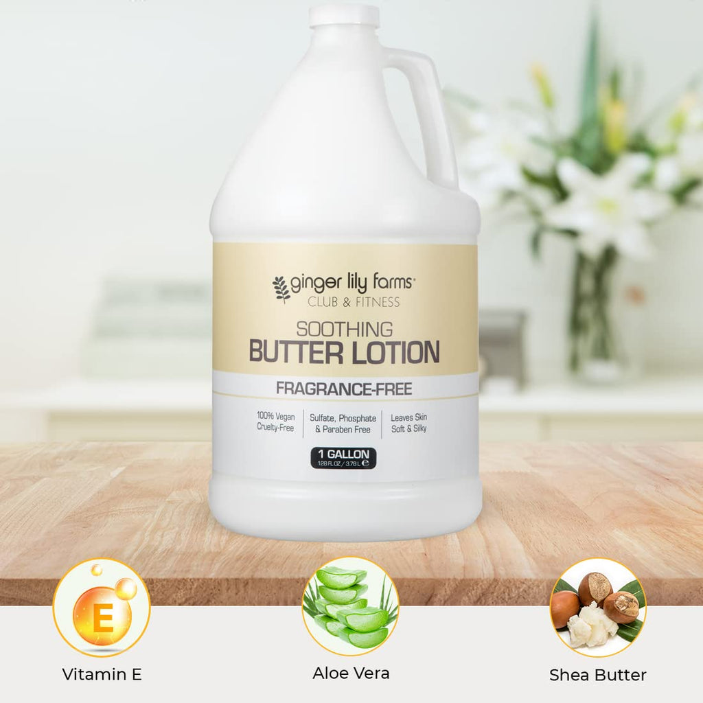 Ginger Lily Farms Club & Fitness Soothing Butter Lotion for Dry Skin, 100% Vegan & Cruelty-Free, Aloe Vera Scent, 1 Gallon (128 fl oz) Refill