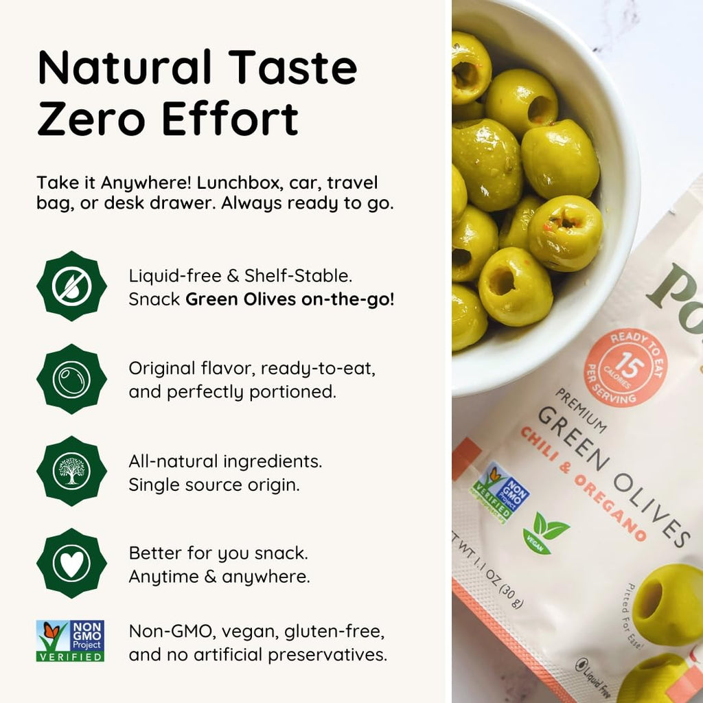 POSHI Green Pitted Olives - Basil & Garlic | Vegan, Kosher, Gluten Free + Keto Friendly, Fresh, Low Calorie Healthy Snacks | (30 Pack, 1.1oz Bags)