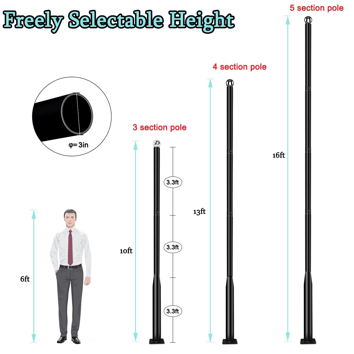 Outdoor Light Pole with Fillable Base, 8ft Cast Iron Lamp Post, 5-Section Heavy Duty Adjustable Pole for Garden, Yard, Pathway & Parking Lot, Portable Sand/Water Box Street Light Stand