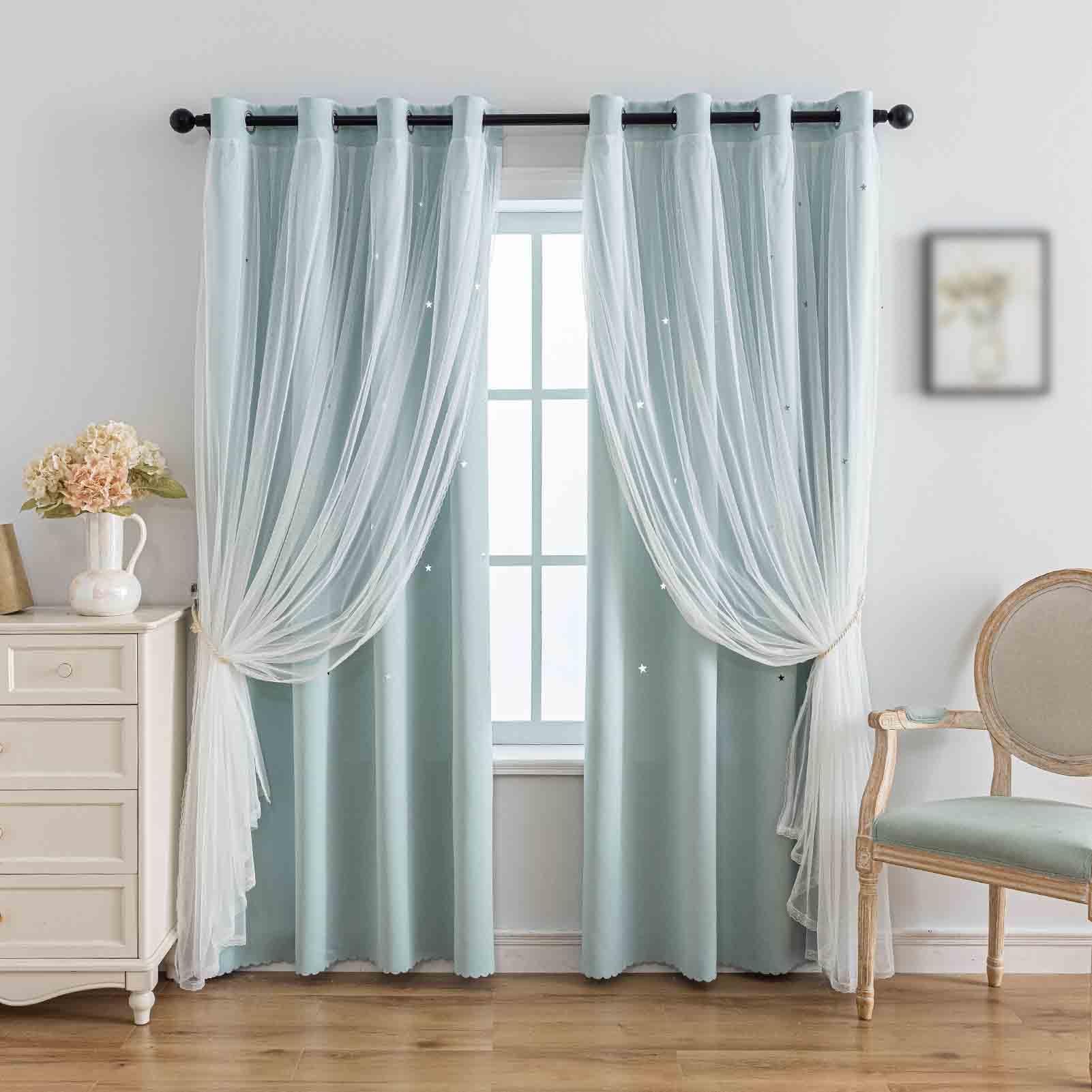 Anytime Star Cut-Out Blackout Curtains for Bedroom 2 Panels,2-Layers Mix Design of Fabric & Tulle,Pretty Pure Color Window Curtain for Kids Room(W35 x L45,LPink)