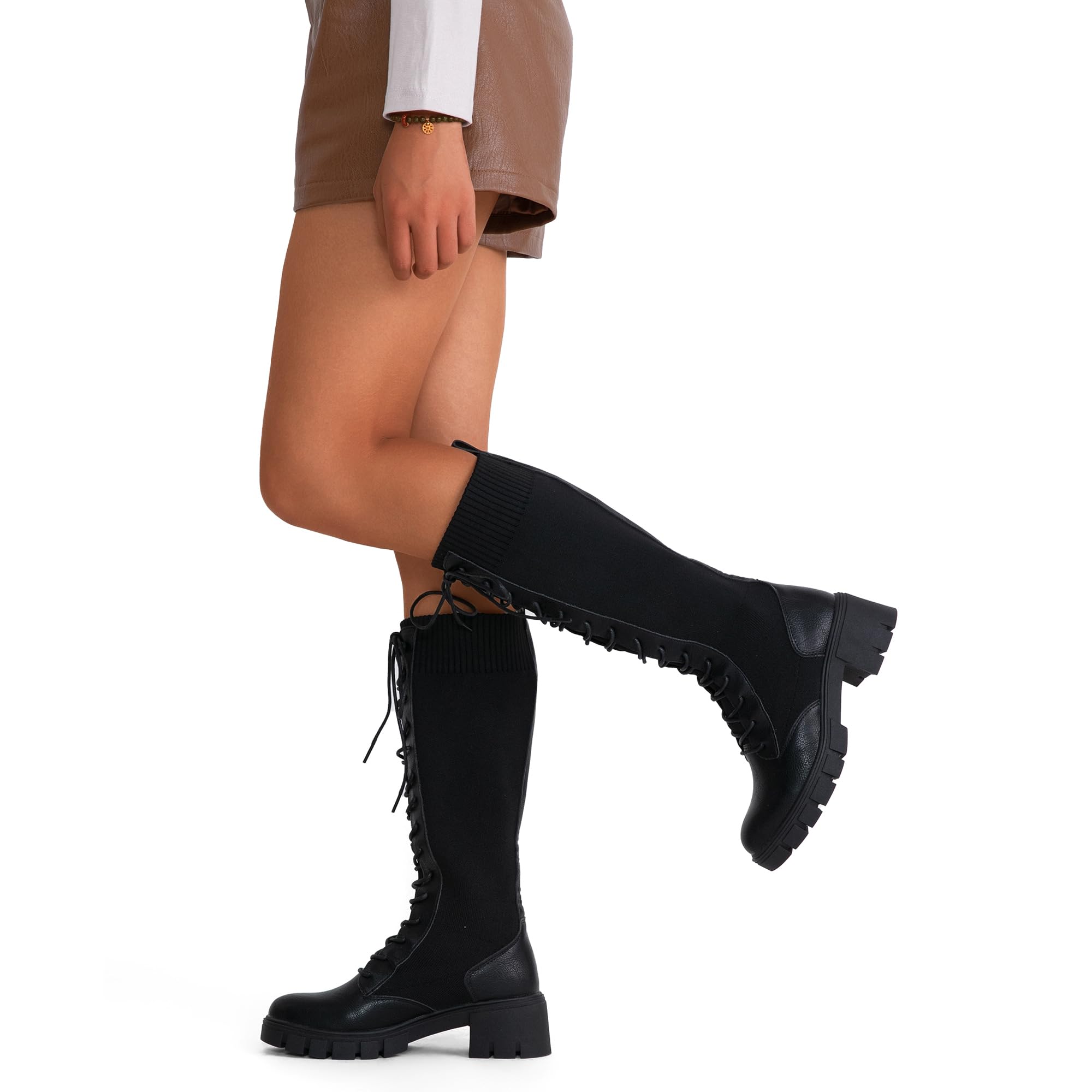 Jeossy Women's Knee High Combat 9603 Boots, Tall Platform Chunky Heel Boots Wide Claf