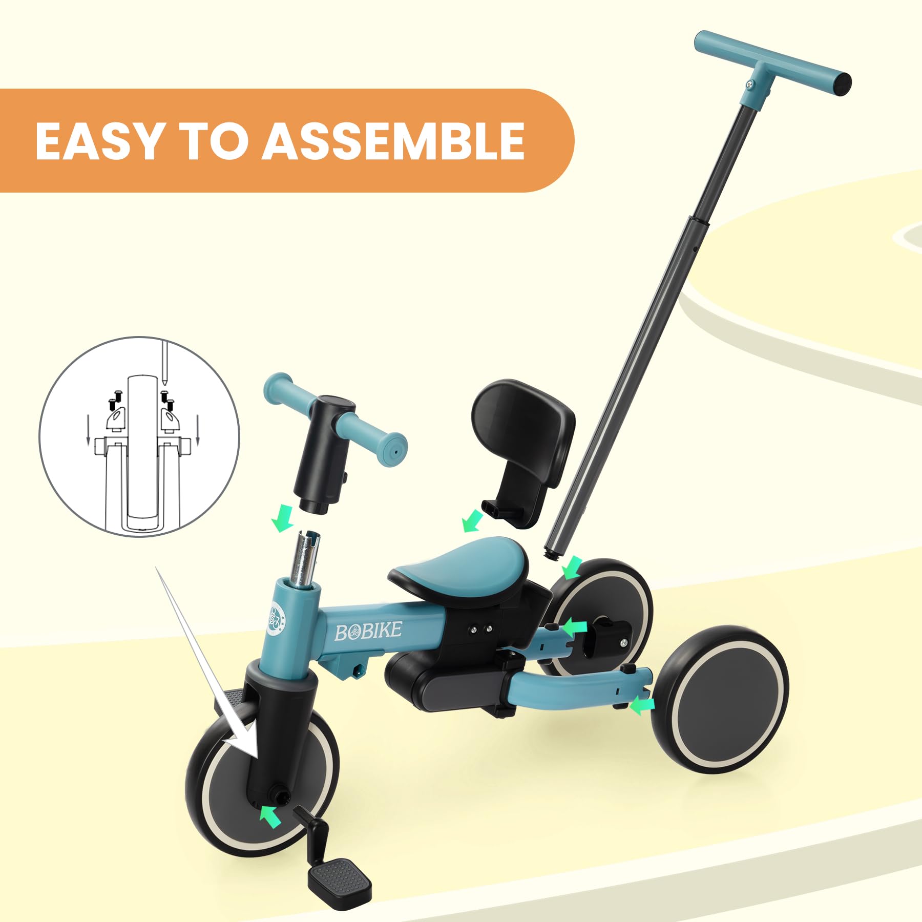 Toddler Bike with Push Handle,Tricycles for 1 to 3 Years Old, Toddler Tricycle with Push Handle for Boy Girl, Baby Balance Bike with Adjustable Seat Height and Removable Pedal (Black)