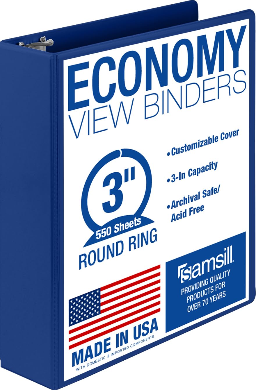 Samsill 1 Inch 3 Ring Binders, Economy Round Ring, Clear View Cover, 200 Sheet Capacity - for School, Home, Office - Blue, 4 Pack