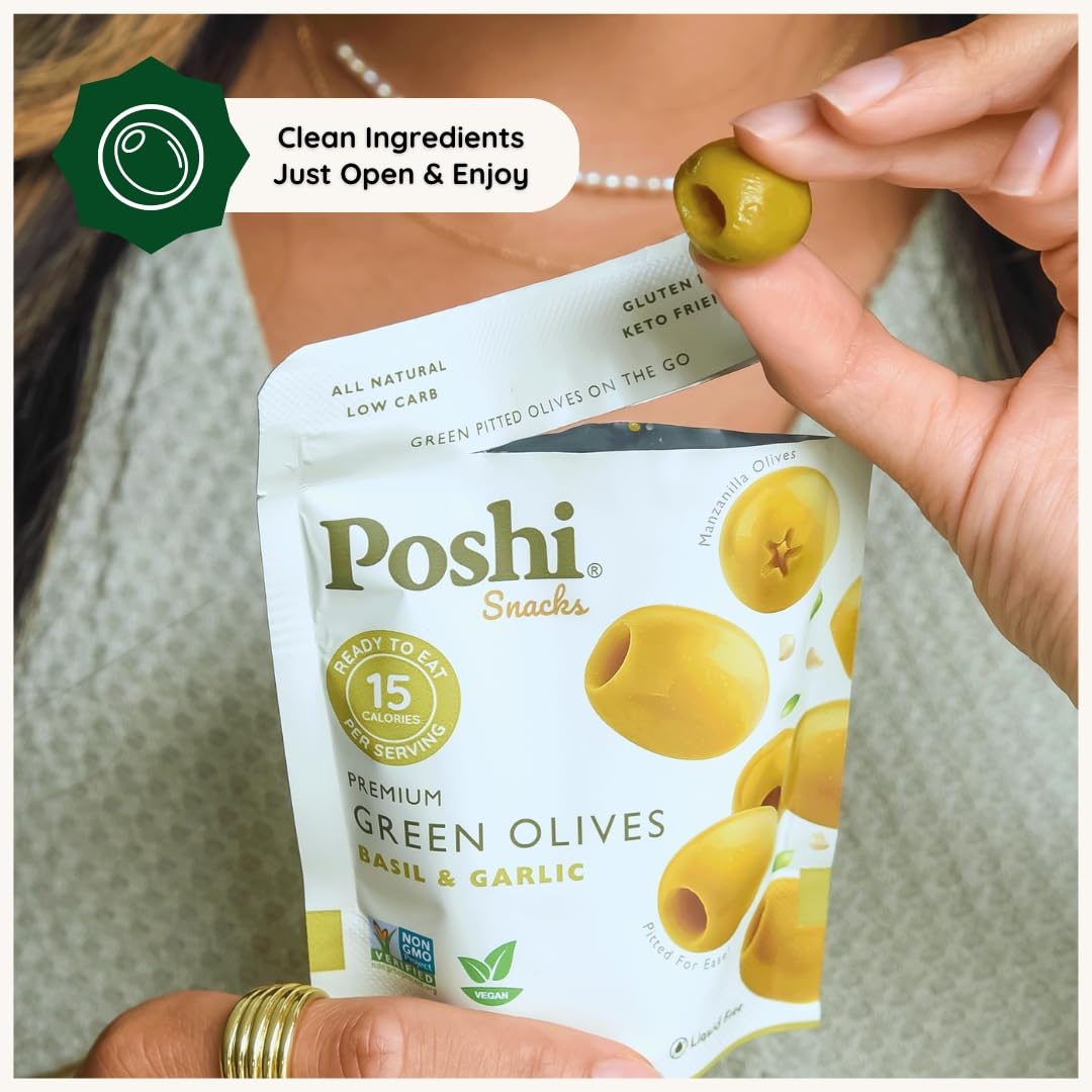 POSHI Green Pitted Olives - Basil & Garlic | Vegan, Kosher, Gluten Free + Keto Friendly, Fresh, Low Calorie Healthy Snacks | (30 Pack, 1.1oz Bags)