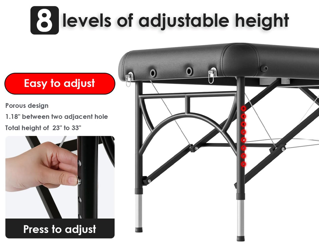 CLORIS 84" Professional Massage Table Portable Reinforced Wooden Leg 2 Folding Lightweight Spa Salon Tattoo Massage Bed Height Adjustable Hold Up to 1100LBS with Carrying Bag Black