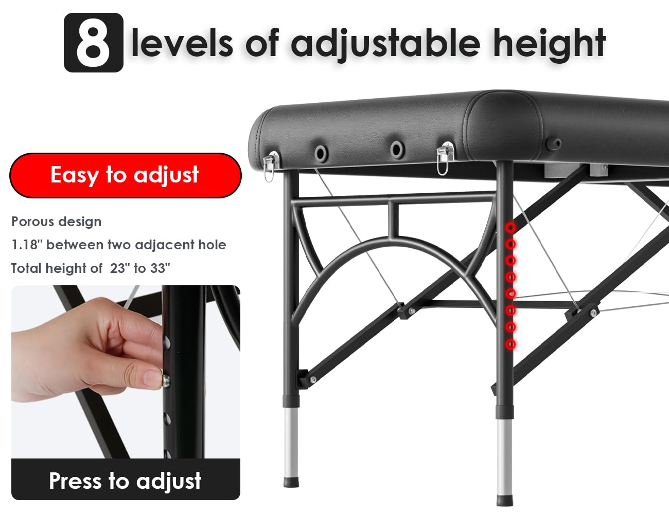 CLORIS 84" Professional Massage Table Portable Reinforced Wooden Leg 2 Folding Lightweight Spa Salon Tattoo Massage Bed Height Adjustable Hold Up to 1100LBS with Carrying Bag Black