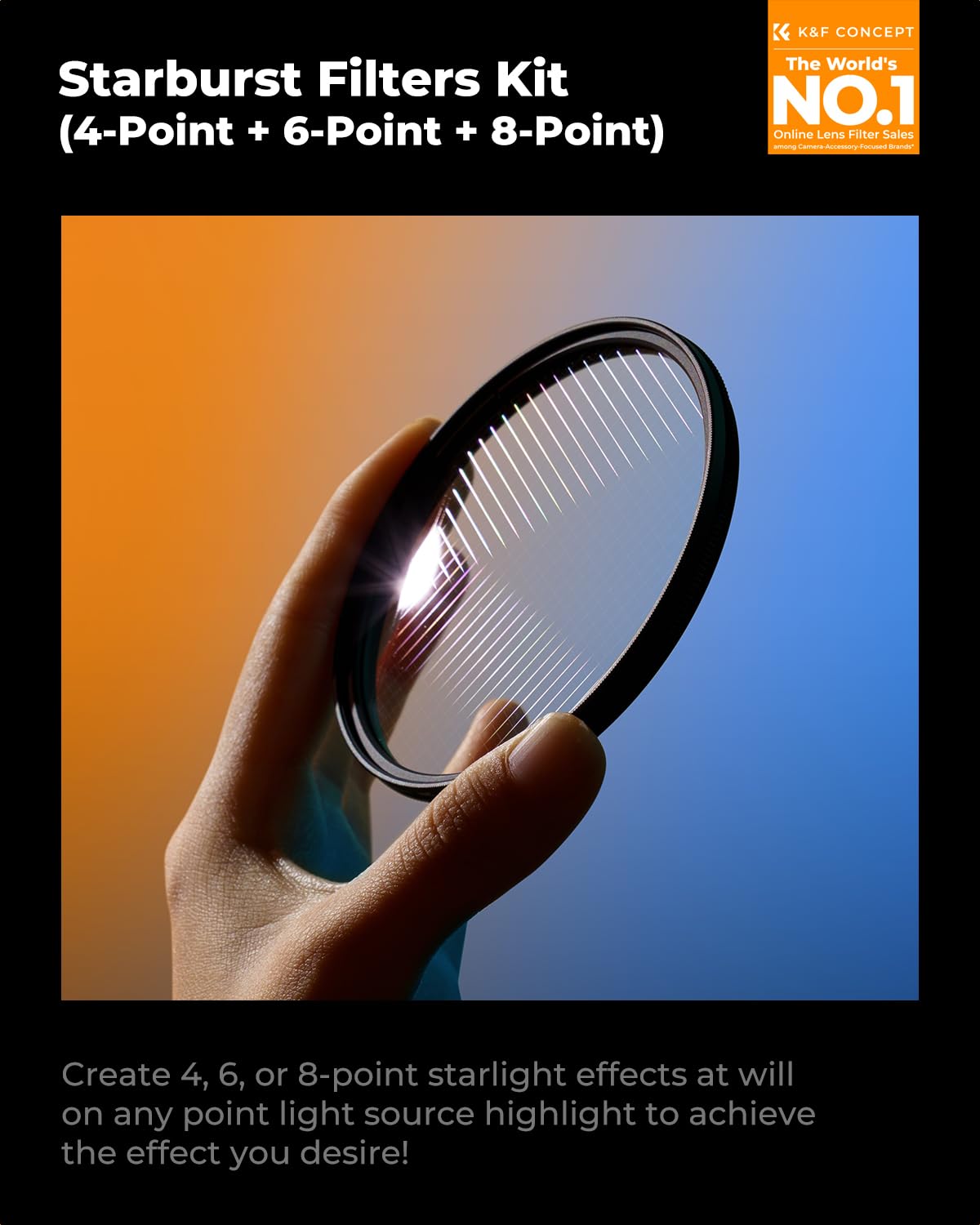 K&F CONCEPT 49mm Star Filters Kit (3pcs) 4 Points 6 Points 8 Points Cross Screen Starburst Filters Set -18 Layer Coating Ultra Slim Optical Glass Camera Lens Filter with 3 Cleaning Cloth