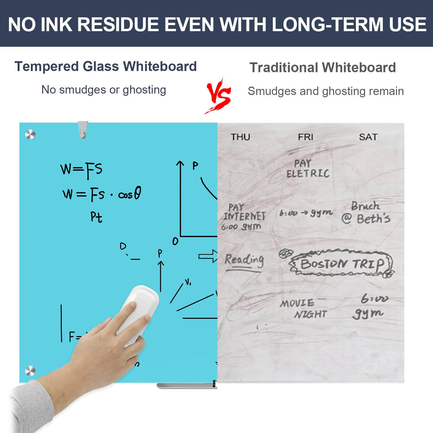 Dry Erase Board Black Magnetic Glass Whiteboard, TANKEE Modern Large Frameless Tempered Glass White Board for Wall, Office, School, Home, 36” x 24”, 3' x 2' White Board