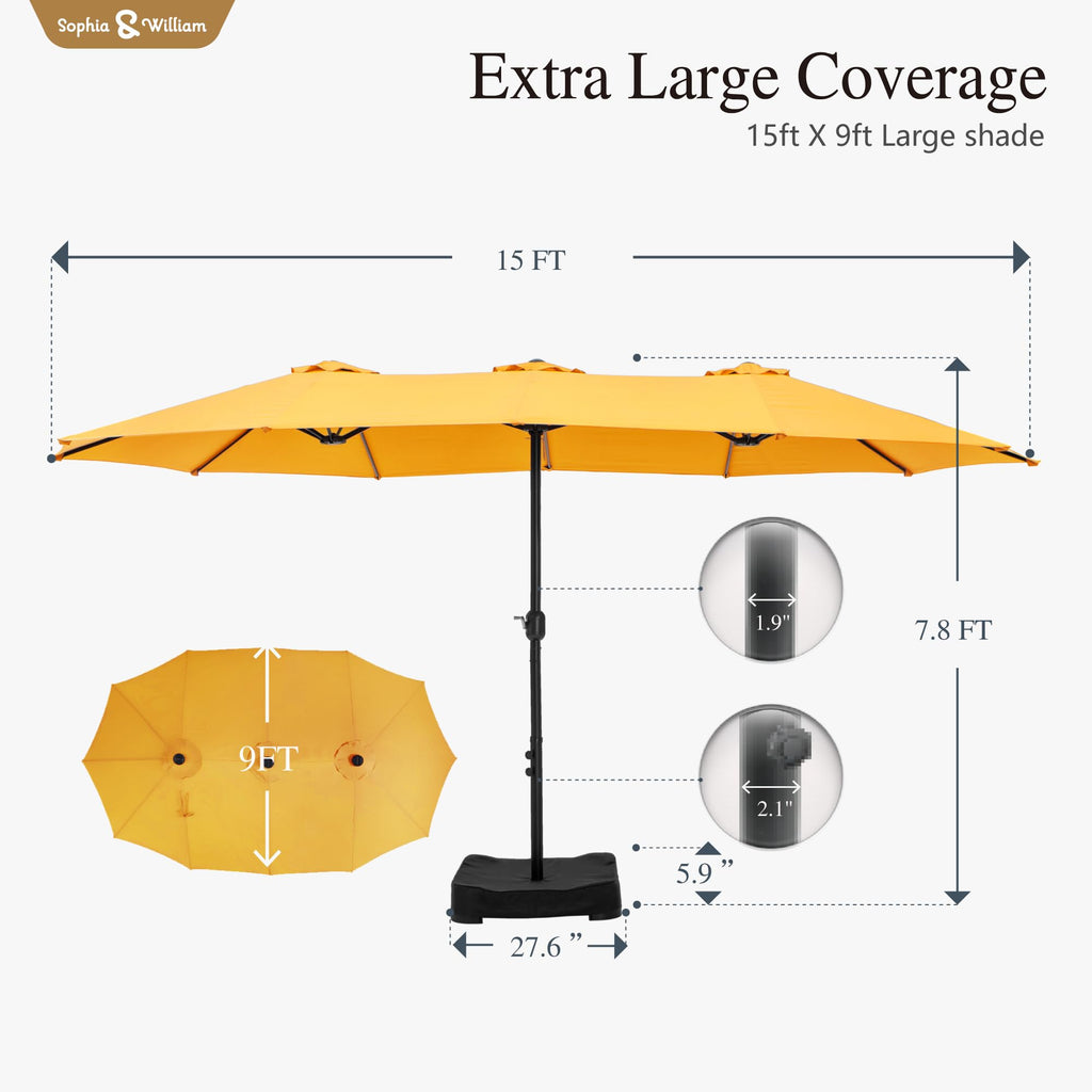 Sophia & William 15 ft Extra Large Patio Umbrella with Base Included, Rectangular Outdoor Umbrella Heavy Duty, Market Umbrella Double-sided Fade Resistant for Pool Garden Backyard, Beige