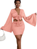 LYANER Women 2 Piece Vacation Outfits Tie Knot Front Bell Long Sleeve Crop Top and Mini Skirt Summer Set