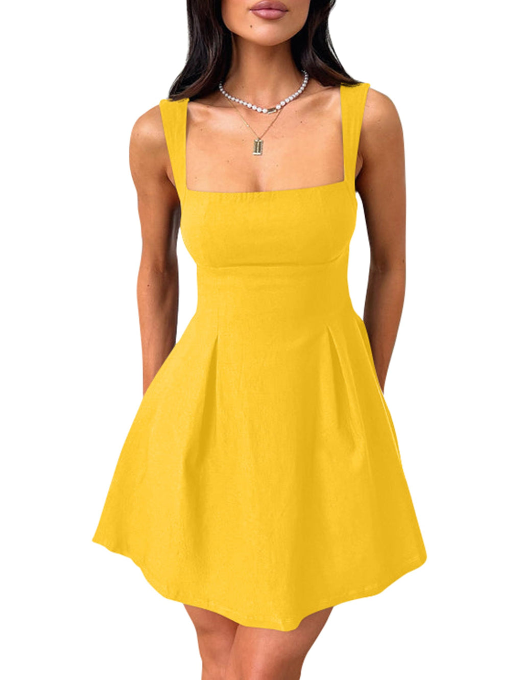 YMDUCH Women's Sexy Sleeveless Square Neck Adjustable Straps Bow Tie A-line Mini Party Club Dress