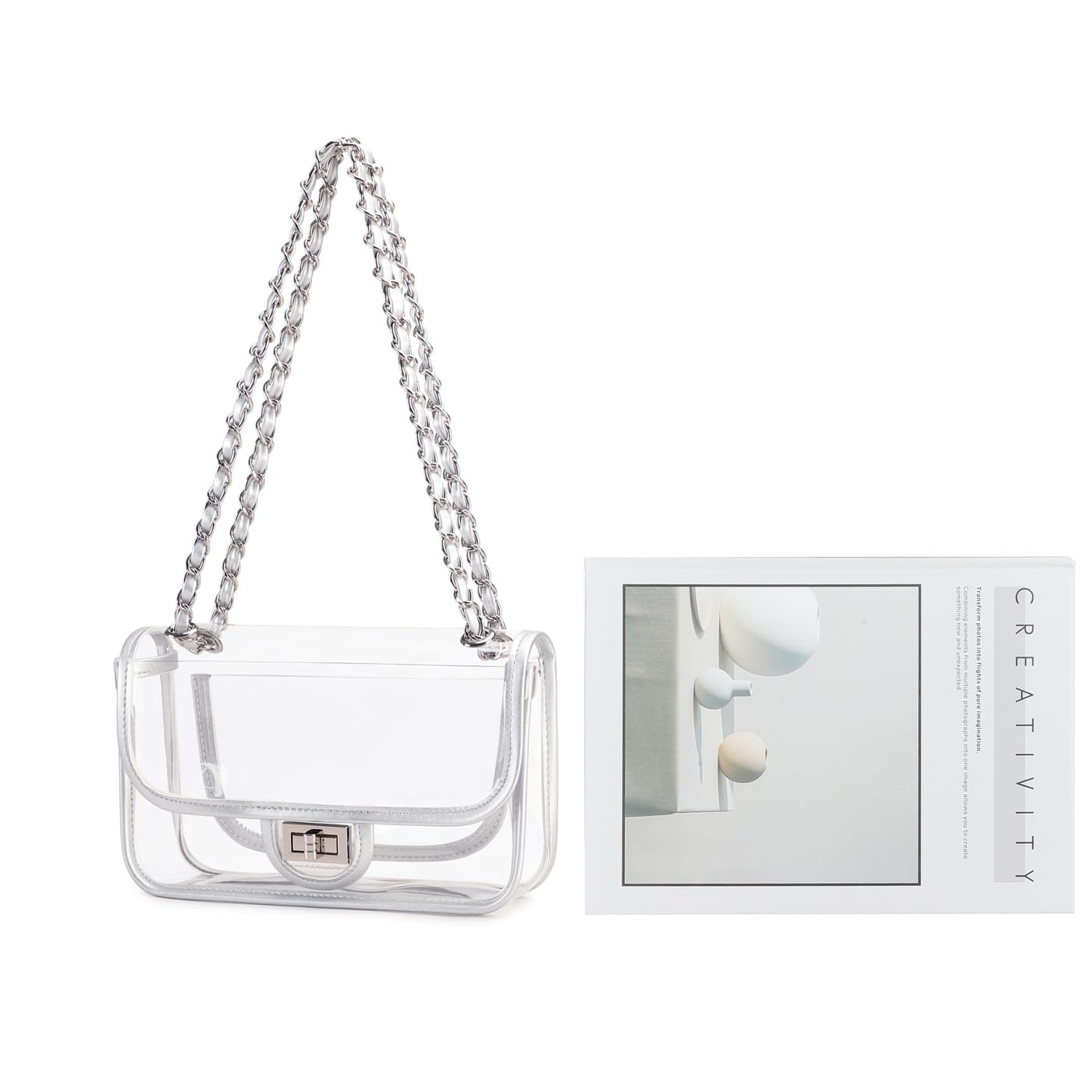Womens PVC Clear Purse Handbag with Chain Stadium Approved Clear Bag See Through Bag for Working and Concert