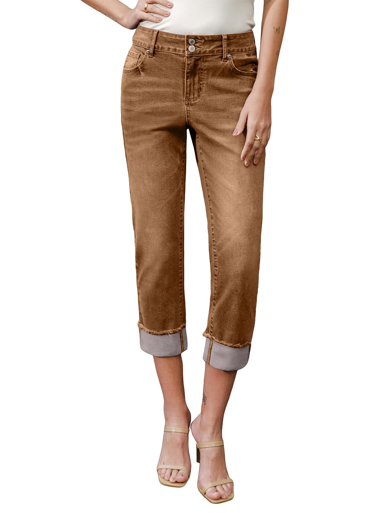 Sidefeel Women's Capri Jeans High Waisted Stretchy Roll-up Skinny Cuffed Cropped Zimbaplatinum Summer Capri Pants