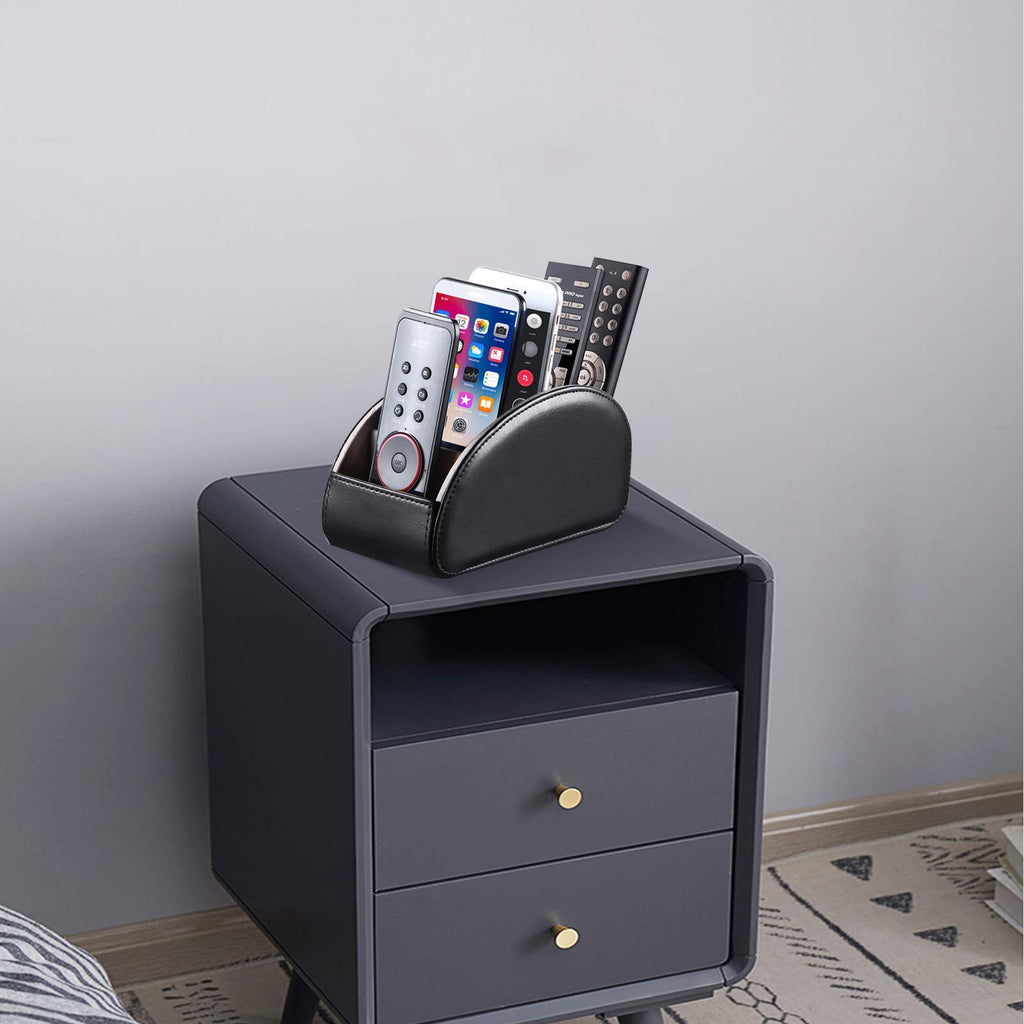 YAPISHI All-in-One Leather Brown TV Remote Holder with 5 Compartments Nightstand Desktop Media Player Remote Caddy Storage Box Organizer Tray for Mobile Office Phone Controller