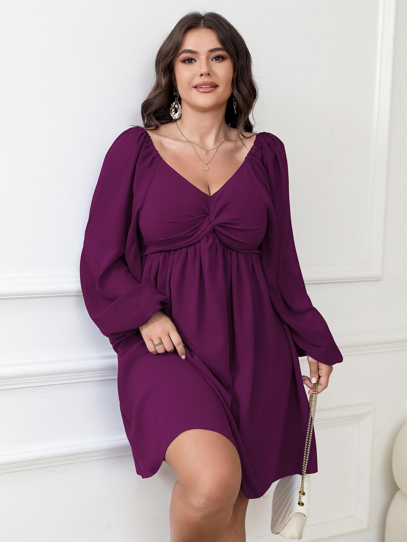 SCOMCHIC Women's Plus Size Puff Long Sleeve Dresses Sweetheart Neckline A Line Short Wedding Guest Cocktail Dress