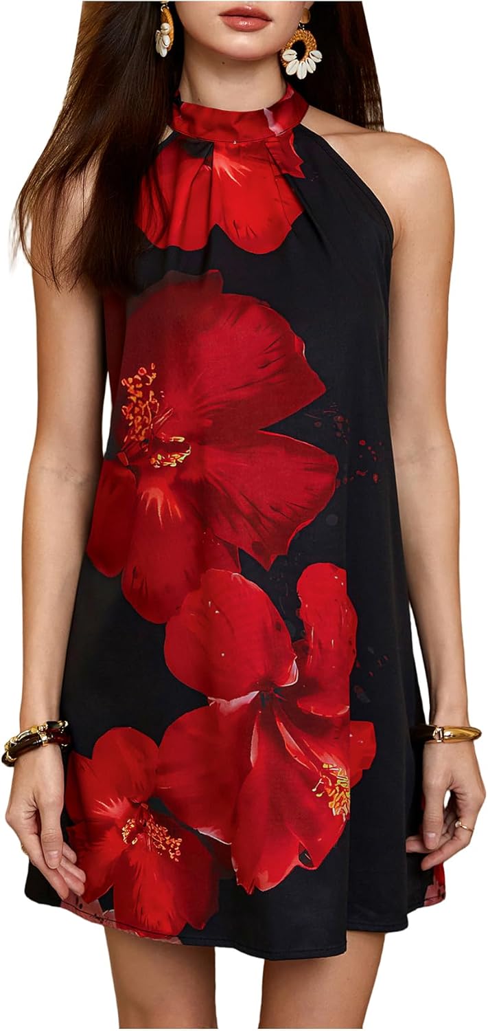 Floerns Women's Sleeveless Floral Print Sundress Halter Neck A Line Short Dress