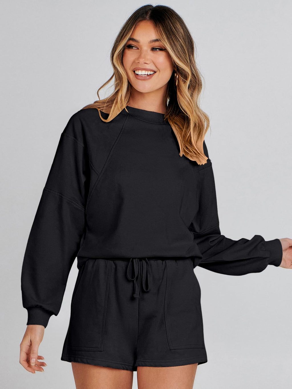 MEROKEETY 2026 Spring Lounge Sets for Women Oversized Batwing Sleeve Casual Top and Shorts 2 Piece Outfits Sweat Set