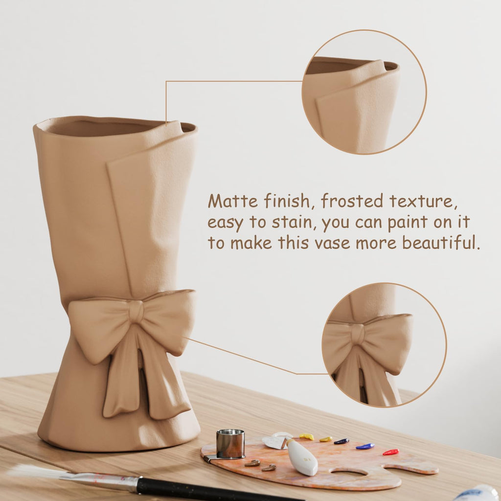 Relexome Beige Ceramic Bow Vase 9.64 in Unique Cute Modern Decorative Bouquet Flower Vases for Home Living Room Table Decor Women Girl Gifts