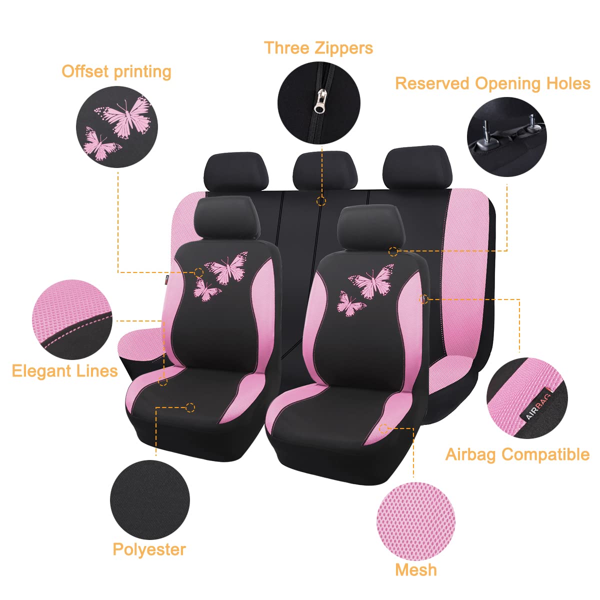 Flying Banner Butterfly car seat Covers ful Set Fashion Universal Lady Woman Female Rear Bench Split Colorized (2 Fronts, Mint Blue)