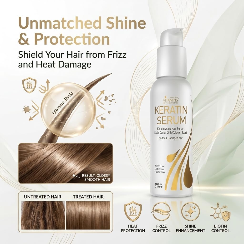 VITAMINS hair cosmetics Keratin Hair Serum with Biotin, Castor Oil & Collagen - Anti-Frizz Heat Protectant & Leave-In Shine Treatment for Dry, Damaged, Color-Treated Hair - 4.25 fl oz (125mL)